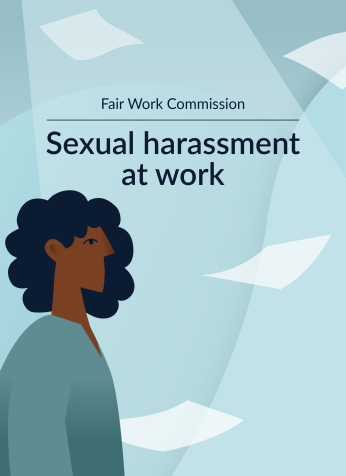 Person with text, 'Fair Work Commission, Sexual harassment at work'