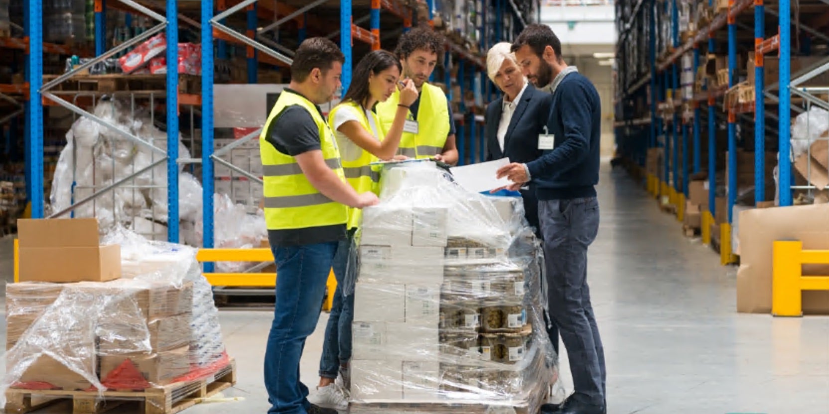 Workers in warehouse in discussion