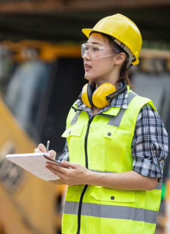 Image of young female worker with clipboard 