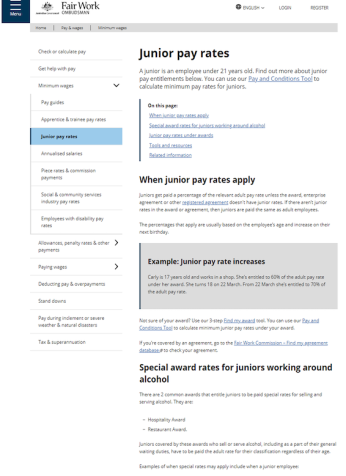 Image of Junior pay rates web page