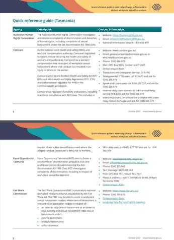 Image of quick reference guide to external pathways in Tasmania to address workplace sexual harassment. 