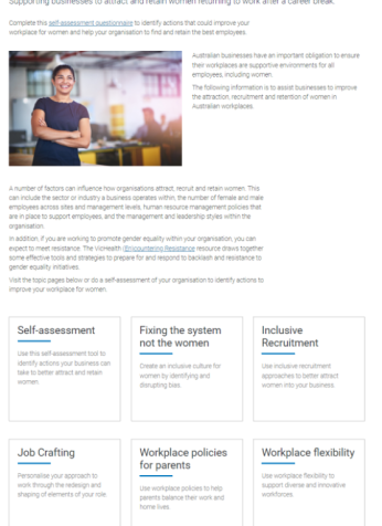 Screenshot of 'Employing and supporting women in your organisation' webpage