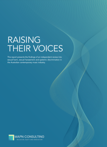 Cover of resource. Features blue background with swirly pattern and the report title, Raising their voices, in white text.