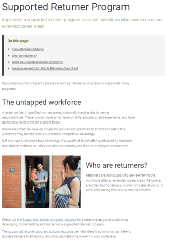 Screenshot of 'Supported returner program' webpage
