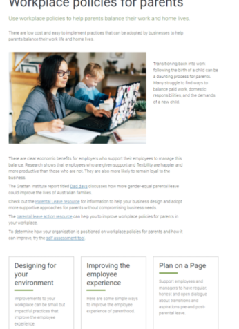 Screenshot of 'Workplace policies for parents' webpage